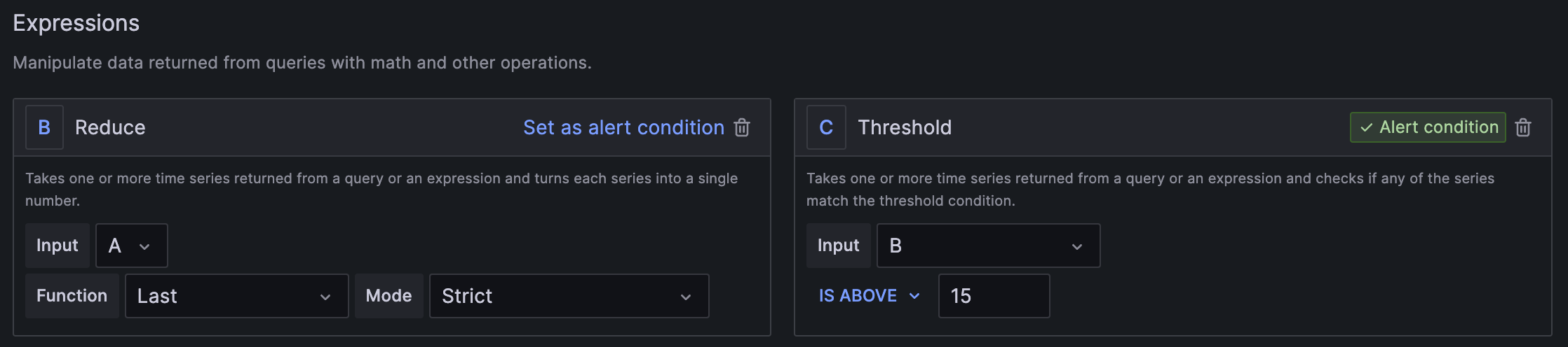 Expression section showing B "reduce" with Input: A, Function: Last, Mode: Strict, C Threshold with Input: B, Is Above: 15 and Alert Condition enabled indicator