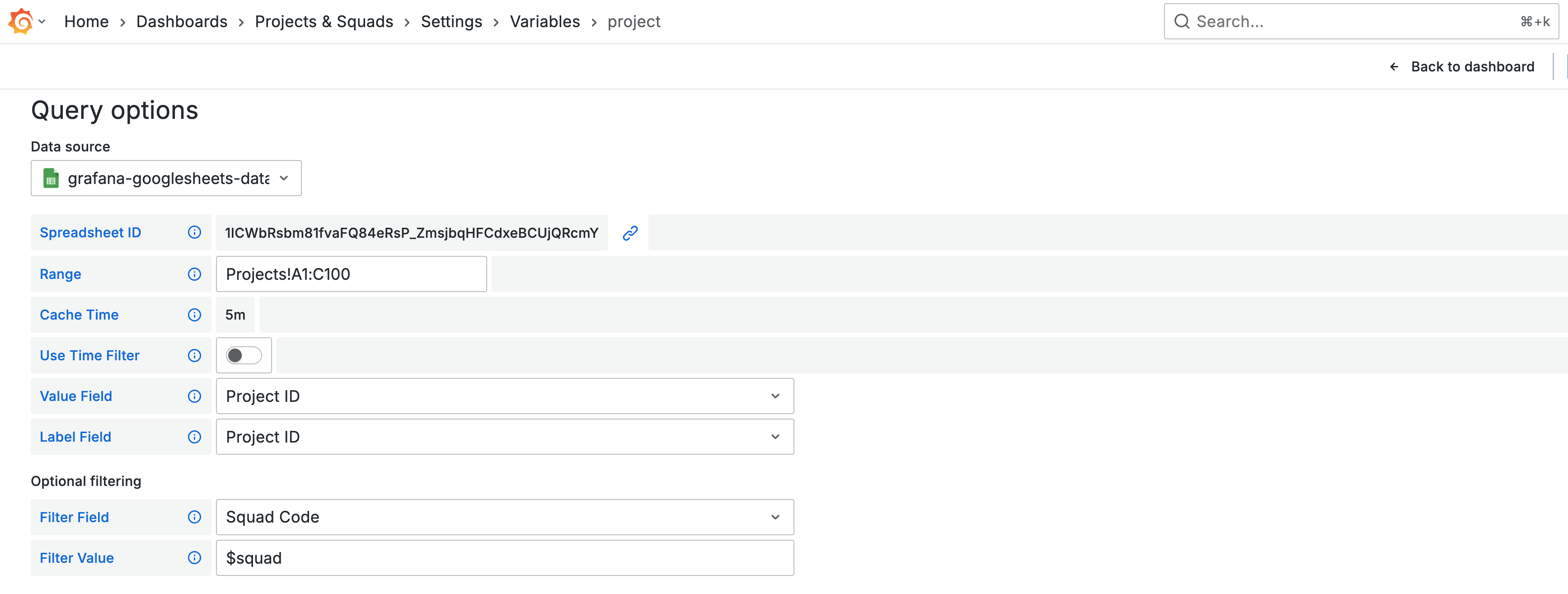 Template variables with Google Sheets data source