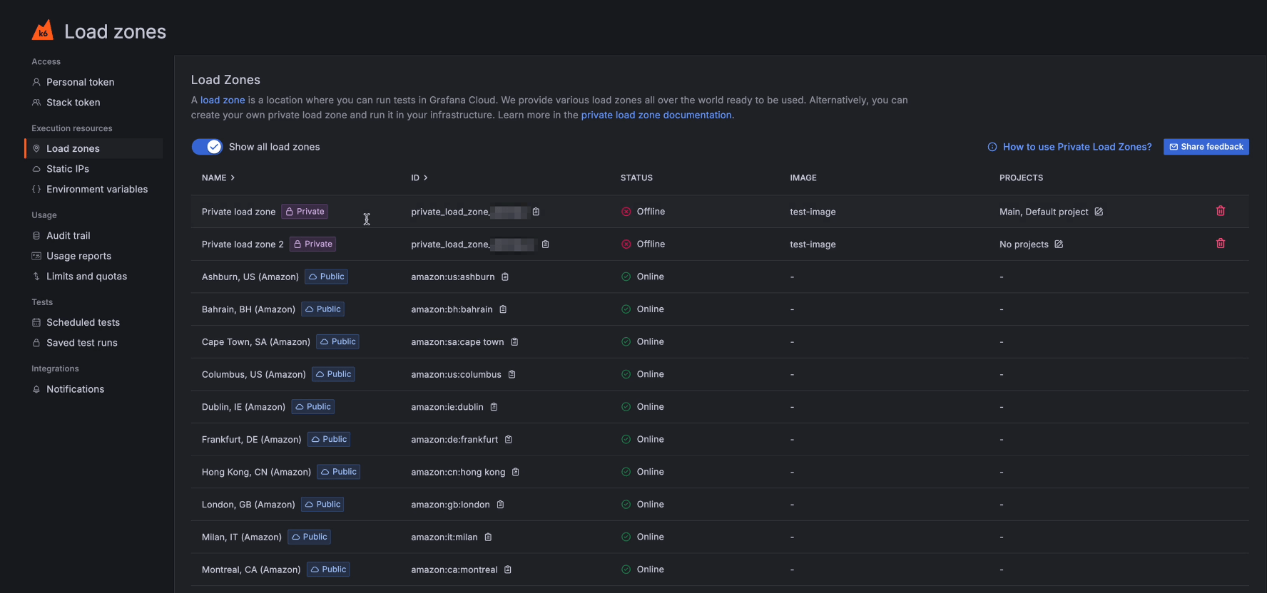 The Grafana Cloud k6 application, showing the Load zones page with two Private load zones in the list, one with two projects assigned to it, and the other with no projects assigned to it.