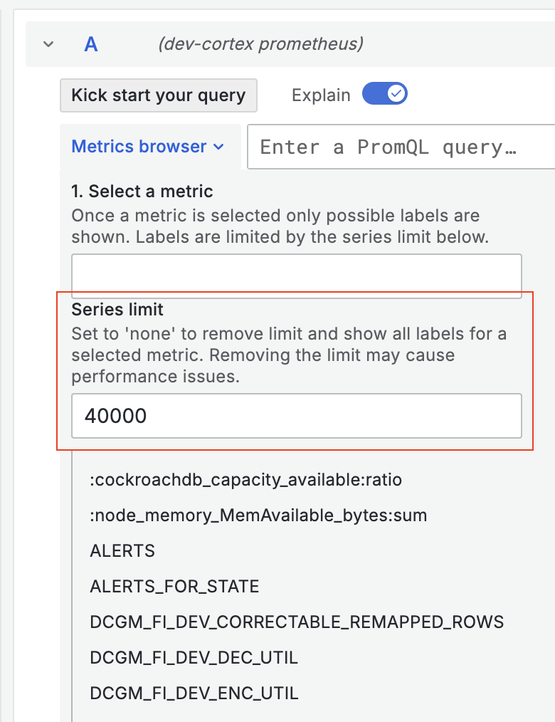 The series limit in the Prometheus metrics browser Series limit in the Prometheus metrics browser